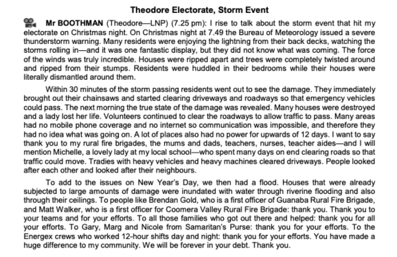 Christmas Day Storm Adjournment Speech